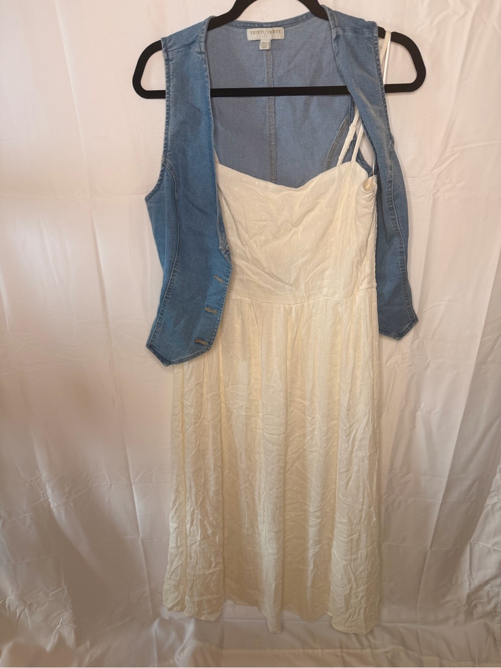 Denim Vest Layered Cream Maxi Dress - Picture 4 of 8